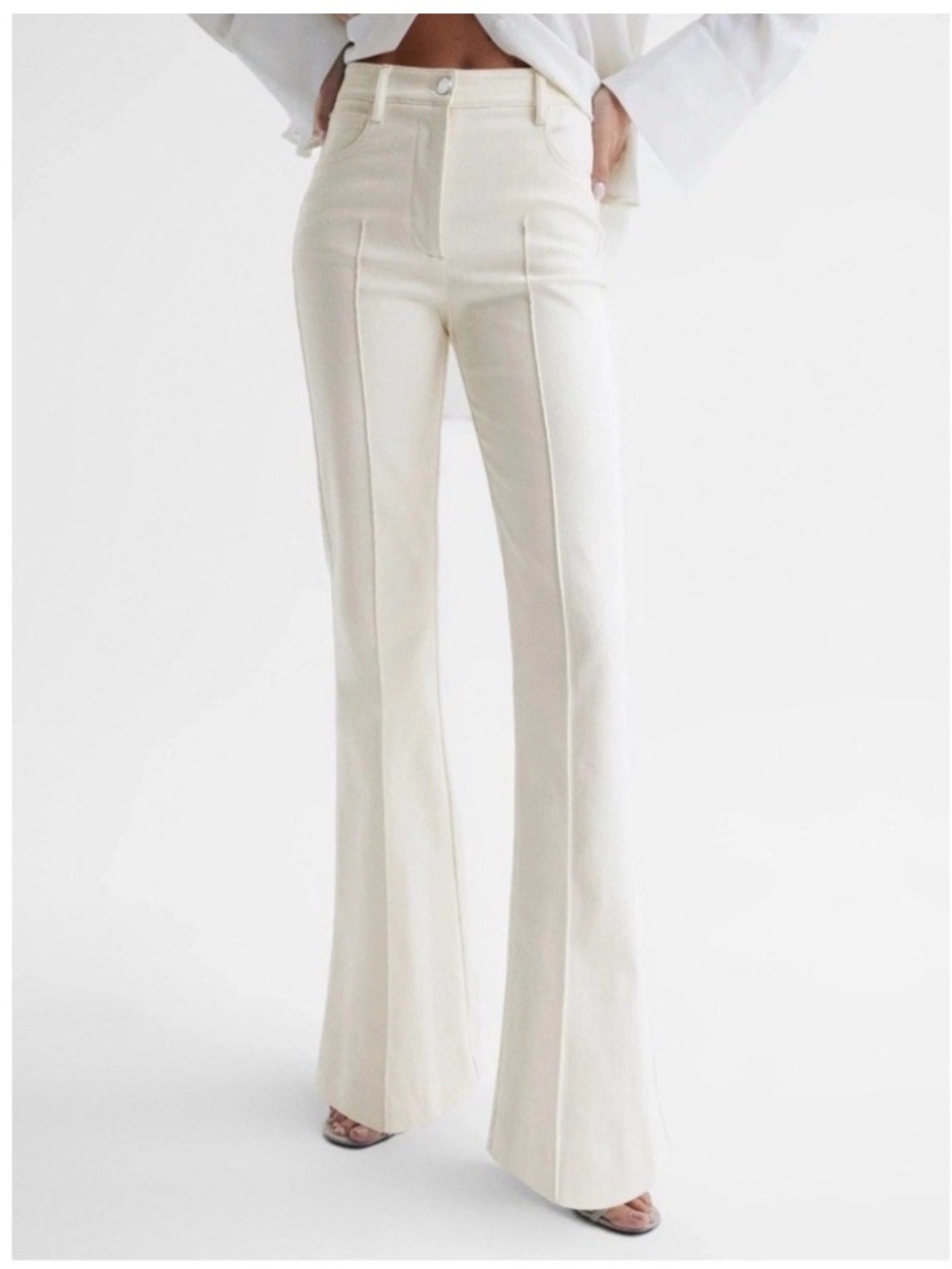 Reiss Florence High-Rise Cream Flare Denim Trousers